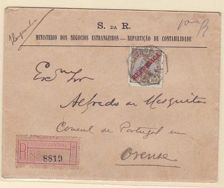 2168.jpg -     Lote:    2168      Lotes pelo Correio      Portugal       Descrição:         1910 &mdash; D. Manuel II, com sobrecarga REPUBLICA. CE179, 100 reis, em sobrescrito registado circulado registado de Lisboa para Orense (21.08.11).        Carta       Valor Base:     &euro; 8,00     Valor Venda:     Retirado     