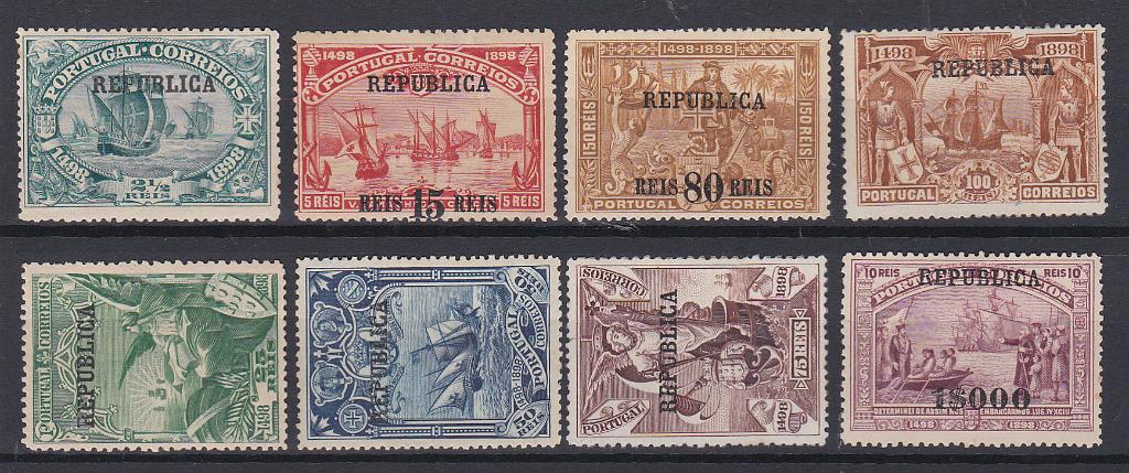 2169.jpg -     Lote:    2169      Lotes pelo Correio      Portugal       Descrição:         1911 &mdash; 4.º Centenário do Descobrimento do Caminho Marítimo para a Índia, com sobrecarga REPUBLICA sobre selos postais do Continente. CE 184/191. Série completa. Valor de catálogo &euro; 220,00.        **       Valor Base:     &euro; 22,00     Valor Venda:     Retirado     