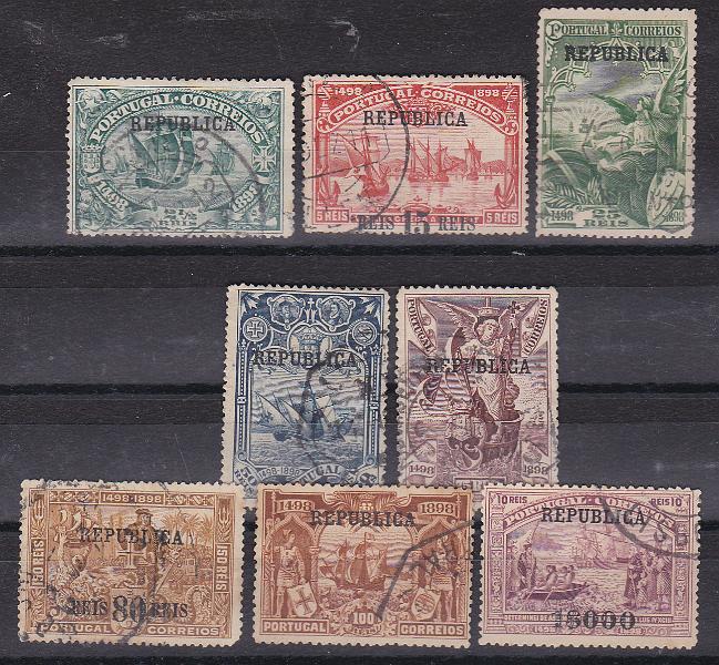 2170.jpg -     Lote:    2170      Lotes pelo Correio      Portugal       Descrição:         1911 &mdash; 4º Centenário da Descoberta do Caminho Marítimo para a Índia, com sobrecarga República, sobre selos postais do Continente. CE 184/191. Valor de catálogo &euro; 145.00        O       Valor Base:     &euro; 12,00     Valor Venda:     Retirado     