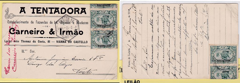 2171.jpg -     Lote:    2171      Lotes pelo Correio      Portugal       Descrição:         1911 &mdash; 4.º Centenário do descobrimento do Caminho Marítimo para a Índia. Selos Postais do Continente com sobrecarga REPUBLICA. CE184, 2 &frac12; reis. Tira de 4 selos em postal ilustrado comercial circulado de Viana do Castelo (01.02.12) para o Porto. B.        PI       Valor Base:     &euro; 10,00     Valor Venda:     &euro; 10,00       