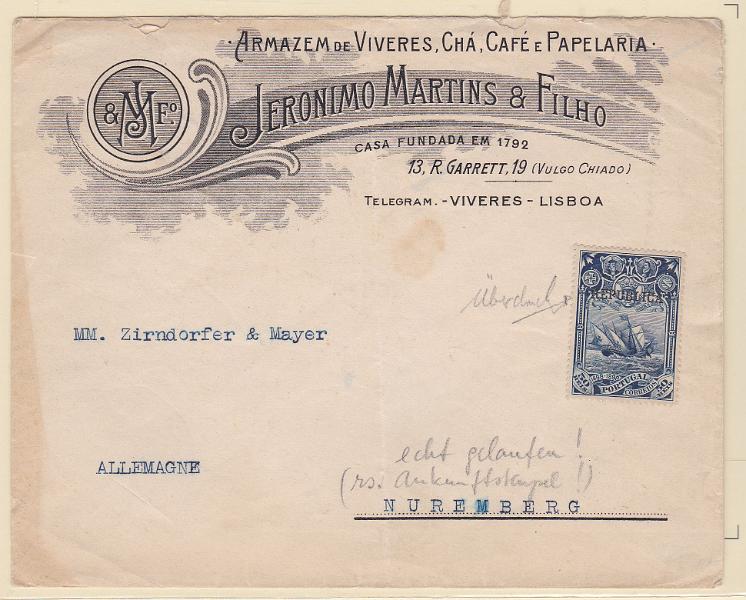 2172.jpg -     Lote:    2172      Lotes pelo Correio      Portugal       Descrição:         1911 &mdash; 4.º Centenário do Descobrimento do Caminho Marítimo para a Índia. Selos postais do Continente com sobrecarga REPUBLICA. CE187, 50 reis, em sobrescrito circulado de Lisboa para a Alemanha.         Carta       Valor Base:     &euro; 15,00     Valor Venda:     &euro; 15,00       