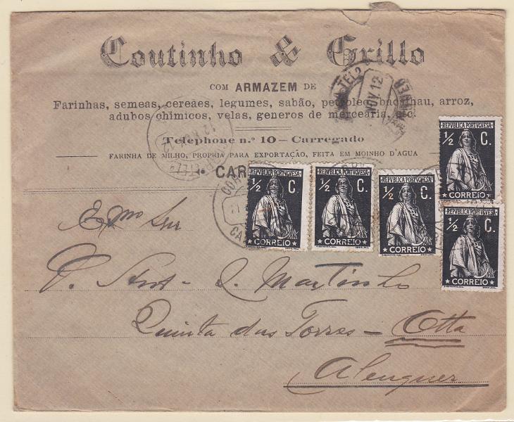 2175.jpg -     Lote:    2175      Lotes pelo Correio      Portugal       Descrição:         1912 &mdash; Ceres. CE207, 2 &frac12; c preto, papel porcelana, denteado 15x14. Cinco selos em sobrescrito circulado do Carregado (11.11.12) para Alenquer.        Carta       Valor Base:     &euro; 6,00     Valor Venda:     &euro; 6,00       