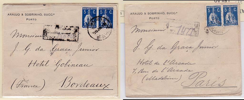 2178.jpg -     Lote:    2178      Lotes pelo Correio      Portugal       Descrição:         1912 &mdash; Ceres. Lote com dois sobrescritos registados do Porto para França, ambos com par de selos de 5C, papel porcelana, denteado 15x14, CE212.        Carta       Valor Base:     &euro; 15,00     Valor Venda:     Retirado     