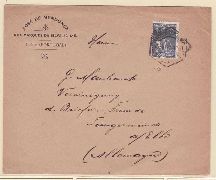 2180.jpg -     Lote:    2180      Lotes pelo Correio      Portugal       Descrição:         1912 &mdash; Ceres. Sobrescrito circulado de Lisboa (15.06.22) com selo de 8c, denteado 12x11 &frac12;, papel acetinado, CE214.        Carta       Valor Base:     &euro; 10,00     Valor Venda:     &euro; 10,00       