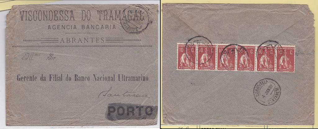 2181.jpg -     Lote:    2181      Lotes pelo Correio      Portugal       Descrição:         1912 &mdash; Ceres. CE215, 10C, denteado 12x11 &frac12;, papel cartolina. Tira de 6 selos em carta circulada de Abrantes (03.01.22) para Santarém. R.        Carta       Valor Base:     &euro; 25,00     Valor Venda:     &euro; 25,00       