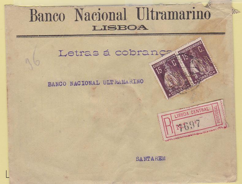 2183.jpg -     Lote:    2183      Lotes pelo Correio      Portugal       Descrição:         1912 &mdash; Ceres. CE216, 15C, denteado 15x14, papel pontinhado. Par em sobrescrito circulado registado de Lisboa (08.01.21) para Santarém.        Carta       Valor Base:     &euro; 25,00     Valor Venda:     Retirado     