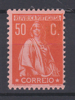 2185.jpg -     Lote:    2185      Lotes pelo Correio      Portugal       Descrição:         1912 &mdash; Ceres. CE219, 50c laranja s/ salmão, papel porcelana, denteado 12 x 11 &frac12;. Valor de catálogo &euro; 265,00.        **       Valor Base:     &euro; 30,00     Valor Venda:     Retirado     