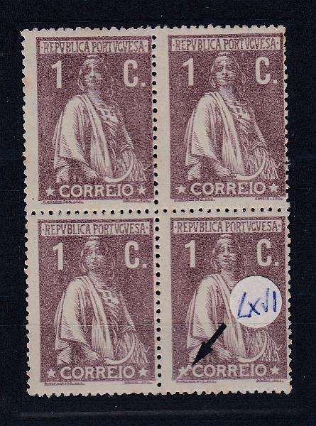 2186.jpg -     Lote:    2186      Lotes pelo Correio      Portugal       Descrição:         1917/20 &mdash; Ceres. CE221, 1c castanho, denteado 15x14. Quadra. Ligeiros pontos de óxido. Um dos selos com variedade de cliché MM LXVI.        ***       Valor Base:     &euro; 10,00     Valor Venda:     Retirado     