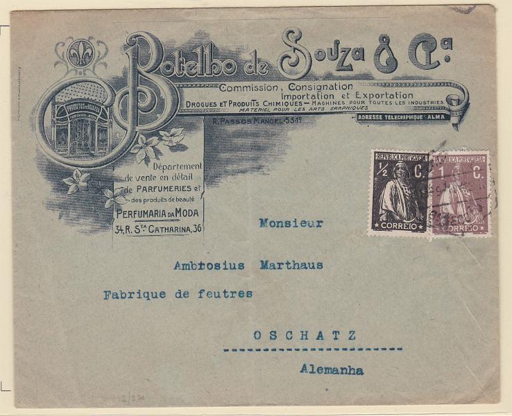 2188.jpg -     Lote:    2188      Lotes pelo Correio      Portugal       Descrição:         1912/17 &mdash; Ceres. Sobrescrito circulado do Porto (15.09.19) para a Alemanha com selos de &frac12; C CE207 e 1C CE221. Bonita gravura impressa no sobrescrito.        Carta       Valor Base:     &euro; 10,00     Valor Venda:     Retirado     