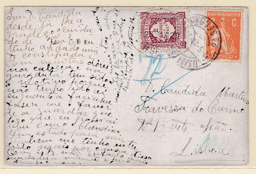 2190.jpg -     Lote:    2190      Lotes pelo Correio      Portugal       Descrição:         1917/20 &mdash; Ceres. Novas taxas e cores. CE223, 2C, denteado 12x11 &frac12;, PAPEL CARTOLINA em postal ilustrado circulado em Lisboa (22.05.20). Insuficientemente franquiado foi porteado com o dobro do porte em falta com selo de 2C CE IP23.        PI       Valor Base:     &euro; 15,00     Valor Venda:     Retirado     