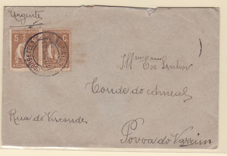 2192.jpg -     Lote:    2192      Lotes pelo Correio      Portugal       Descrição:         1917/20 &mdash; Ceres. Sobrescrito circulado de Coimbra (19.10.21) para a Póvoa de Varzim, com par de selos de 5C, denteado 15x14, CE227.        Carta       Valor Base:     &euro; 12,00     Valor Venda:     Retirado     