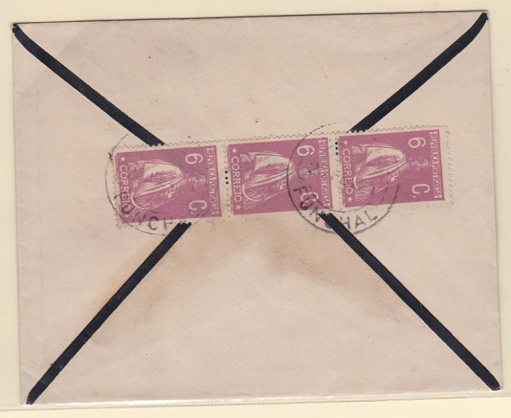 2193.jpg -     Lote:    2193      Lotes pelo Correio      Portugal       Descrição:         1917/20 &mdash; Ceres. Sobrescrito circulado registado do Funchal (25.02.21) para Demerara * Guiana, com tira vertical de 3 selos de 6C CE228, denteado 15x14.        Carta       Valor Base:     &euro; 12,00     Valor Venda:     Retirado     