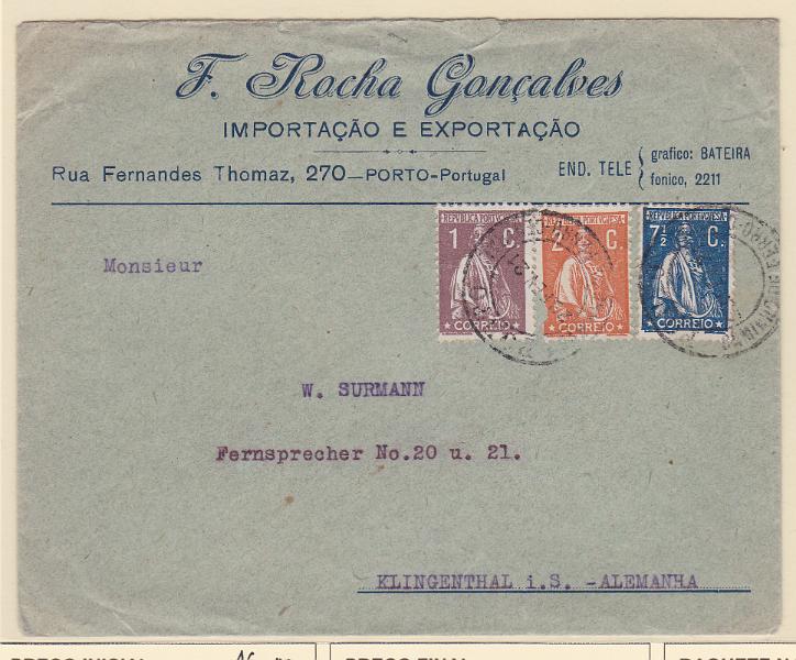 2195.jpg -     Lote:    2195      Lotes pelo Correio      Portugal       Descrição:         1917/20 &mdash; Ceres. Sobrescrito circulado do Porto (23.02.21) para a Alemanha, com selos de 1c, 2c e 7 &frac12; c CE221, 223 e 229, obliterados com carimbo a preto "PORTO / CAMINHO DE FERRO CENTRAL".        Carta       Valor Base:     &euro; 16,00     Valor Venda:     Retirado     