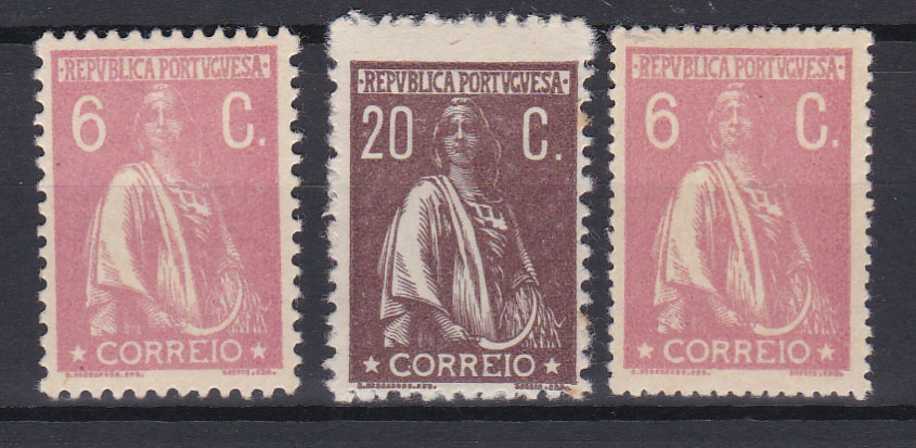 2199.jpg -     Lote:    2199      Lotes pelo Correio      Portugal       Descrição:         1920/22 &mdash; Ceres. Novas taxas e cores. CE 236, 6c. Dois selos em papel cartolina, denteados 15x14 e 12x11 &frac12; + CE240, 20c em papel cartolina, denteado 12x11 &frac12;. Valor de catálogo &euro; 167,00.        **       Valor Base:     &euro; 20,00     Valor Venda:     &euro; 30,00       