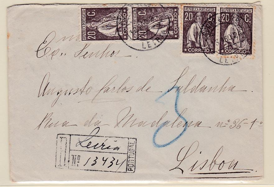 2200.jpg -     Lote:    2200      Lotes pelo Correio      Portugal       Descrição:         1920/22 &mdash; Ceres. Sobrescrito circulado registado de Leiria (13.08.21) para Lisboa, com quatro selos de 20C chocolate CE240.        Carta       Valor Base:     &euro; 10,00     Valor Venda:     Retirado     