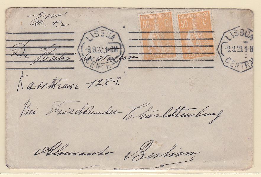 2203.jpg -     Lote:    2203      Lotes pelo Correio      Portugal       Descrição:         1920/22 &mdash; Ceres. CE244, 50C. Dois selos, em sobrescrito circulado de Lisboa (09.09.23) para Berlim.        Carta       Valor Base:     &euro; 8,00     Valor Venda:     Retirado     