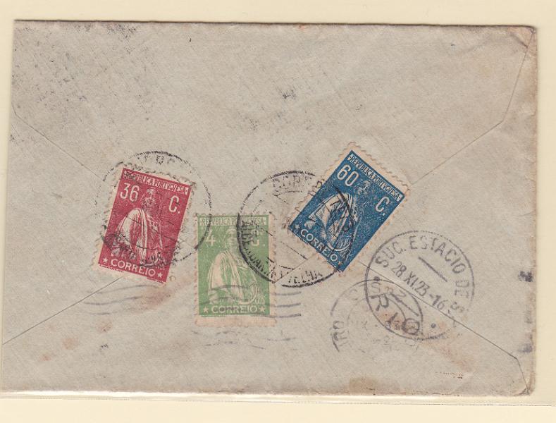 2204.jpg -     Lote:    2204      Lotes pelo Correio      Portugal       Descrição:         1917/23 &mdash; Ceres. Sobrescrito circulado de Albergaria-a-Velha (17.11.23) para O Rio de Janeiro (28.11.23) com selos de 4C CE226, 36C CE243 e 60C CE245.        Carta       Valor Base:     &euro; 12,00     Valor Venda:     &euro; 12,00       