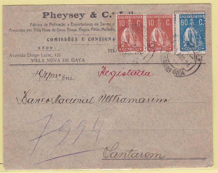 2205.jpg -     Lote:    2205      Lotes pelo Correio      Portugal       Descrição:         1912/22 &mdash; Ceres. Sobrescrito circulado de Vila Nova de Gaia (30.04.24) para Santarém com par de 10C CE 215 e selo de 60C CE245, com denteado deslocado.        Carta       Valor Base:     &euro; 12,00     Valor Venda:     Retirado     