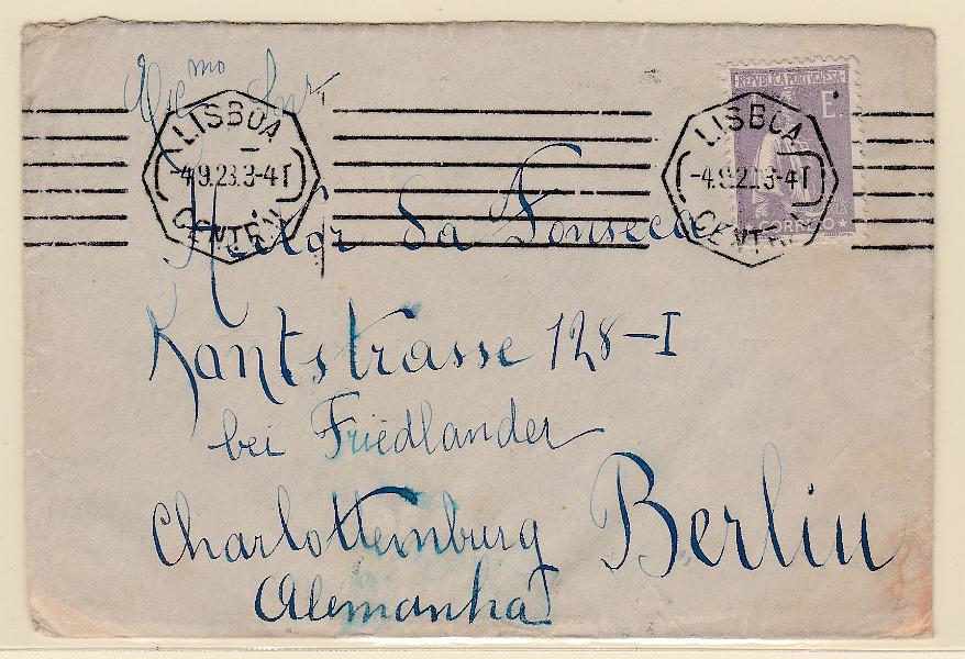 2206.jpg -     Lote:    2206      Lotes pelo Correio      Portugal       Descrição:         1920/22 &mdash; Ceres. Sobrescrito circulado de Lisboa (04.09.23) para Berlim com selo de 1E violeta, denteado 12x11 &frac12;, CE248.        Carta       Valor Base:     &euro; 8,00     Valor Venda:     Retirado     