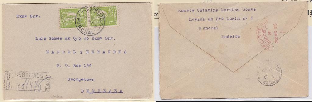 2207.jpg -     Lote:    2207      Lotes pelo Correio      Portugal       Descrição:         1920/22 &mdash; Ceres. Sobrescrito circulado registado do Funchal (15.03.26) para Demerara (26.04.26) com trânsito por Londres (22.07.26) com par de selos de 1$20 CE250.        Carta       Valor Base:     &euro; 12,00     Valor Venda:     Retirado     