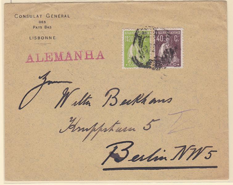 2208.jpg -     Lote:    2208      Lotes pelo Correio      Portugal       Descrição:         1920/26 &mdash; Ceres. Sobrescrito circulado de Lisboa (11.09.24) para a Alemanha (15.09.24), com selos de 40C CE283 e 1$20 CE250.        Carta       Valor Base:     &euro; 12,00     Valor Venda:     Retirado     