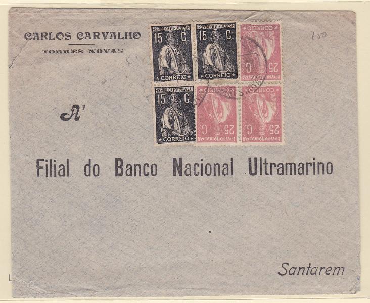 2210.jpg -     Lote:    2210      Lotes pelo Correio      Portugal       Descrição:         1923 &mdash; Ceres. Sobrescrito circulado de Torres Novas (06.10.24) para Santarém (07.10.24) com 3 selos de 15C CE253 e 3 selos de 25C CE255.        Carta       Valor Base:     &euro; 6,00     Valor Venda:     Retirado     