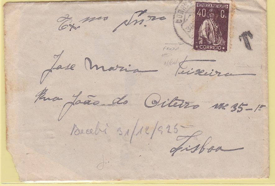 2213.jpg -     Lote:    2213      Lotes pelo Correio      Portugal       Descrição:         1924/26 &mdash; Ceres. CE277, 40C, com variedade de cliché não catalogada, em carta circulada de Arganil (30.12.25) para Lisboa (31.12.25). Porteada por falta de selos do imposto postal "Para os Pobres".        Carta       Valor Base:     &euro; 8,00     Valor Venda:     &euro; 8,00       