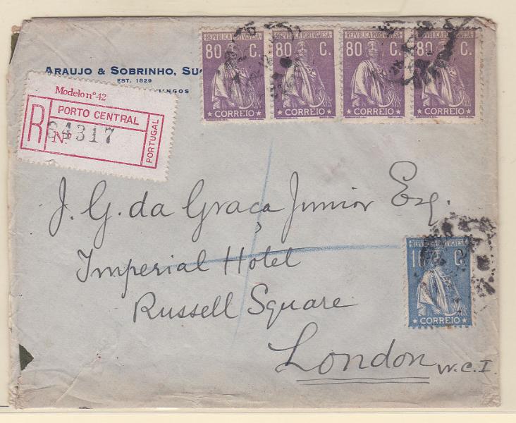 2214.jpg -     Lote:    2214      Lotes pelo Correio      Portugal       Descrição:         1924/26 &mdash; Ceres. Sobrescrito circulado registado do Porto para Londres (31.12.25), com dois pares de selos de 80c CE286 e selo de 16c CE279.        Carta       Valor Base:     &euro; 15,00     Valor Venda:     Retirado     
