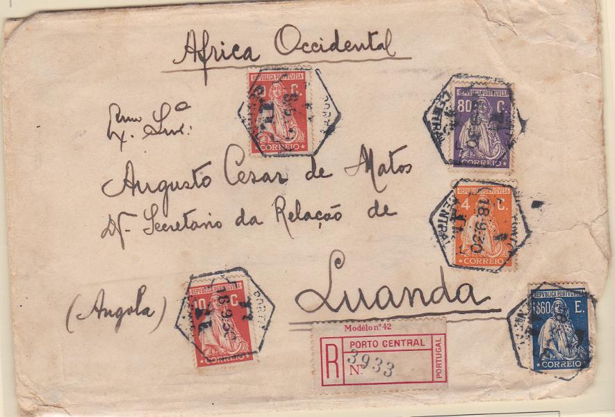 2228.jpg -     Lote:    2228      Lotes pelo Correio      Portugal       Descrição:         1926 &mdash; Ceres. Emissão Londres. Sobrescrito circulado registado do Porto (18.09.30) para Luanda com selos de 4C, 2x10C, 80C e 1$60 CE398, 401, 410 e 414.        Carta       Valor Base:     &euro; 15,00     Valor Venda:     &euro; 15,00       