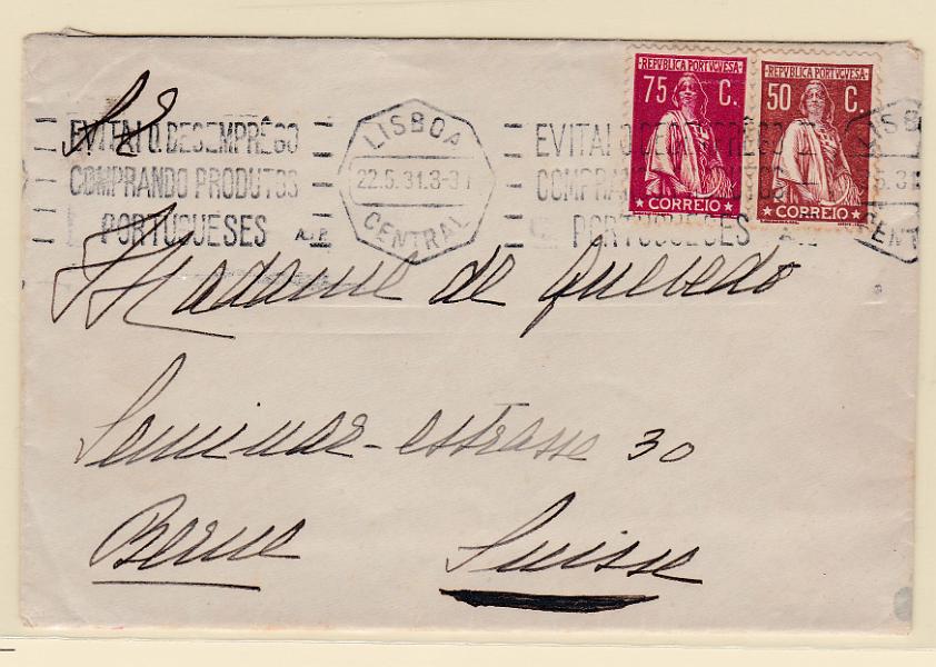 2247.jpg -     Lote:    2247      Lotes pelo Correio      Portugal       Descrição:         1930 &mdash; Ceres. Gravura retocada. Sobrescrito circulado de Lisboa (22.05.31) para a Suíça com selos de 50c e 75c CE505/506.        Carta       Valor Base:     &euro; 15,00     Valor Venda:     &euro; 15,00       