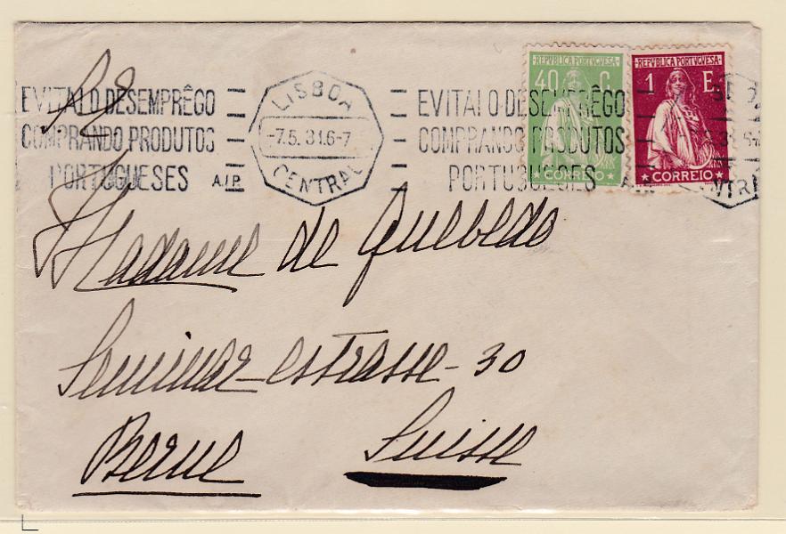 2249.jpg -     Lote:    2249      Lotes pelo Correio      Portugal       Descrição:         1930 &mdash; Ceres. Gravura retocada. Sobrescrito circulado de Lisboa (07.05.31) para a Suíça com selos de 40c e 1E CE503 e 508.        Carta       Valor Base:     &euro; 12,00     Valor Venda:     Retirado     