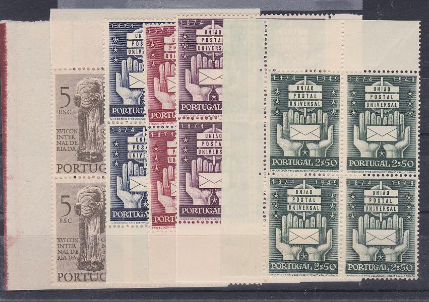2268.jpg -     Lote:    2268      Lotes pelo Correio      Portugal       Descrição:         1949 &mdash; História da Arte e 75.º Aniversário da UPU. CE 713/714 e CE 715/718. As duas séries completas em quadras canto de folha. Valor de catálogo &euro; 304,00.        ***       Valor Base:     &euro; 20,00     Valor Venda:     &euro; 20,00       
