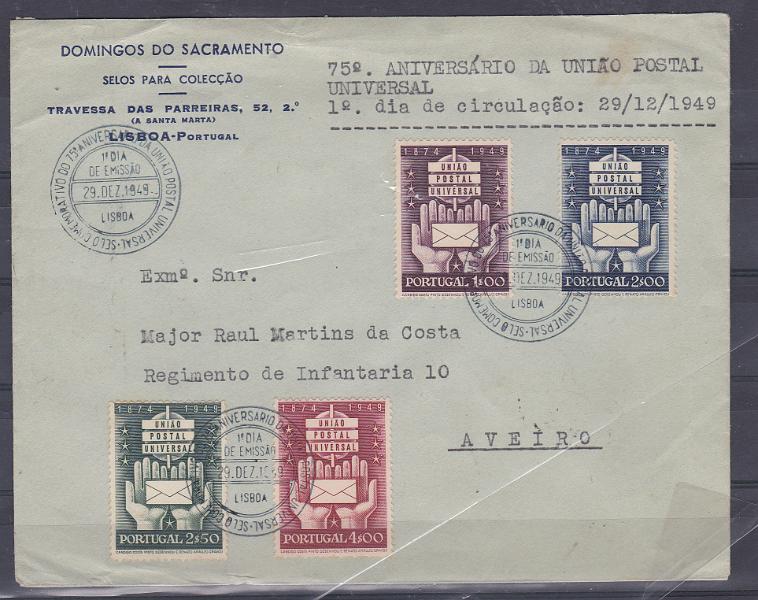 2269.jpg -     Lote:    2269      Lotes pelo Correio      Portugal       Descrição:         1949 &mdash; 75.º Aniversário da União postal Universal. FDC com a série completa, CE715/718, com carimbo comemorativo e marca de dia de Lisboa (29.12.49).        FDC       Valor Base:     &euro; 30,00     Valor Venda:     Retirado     