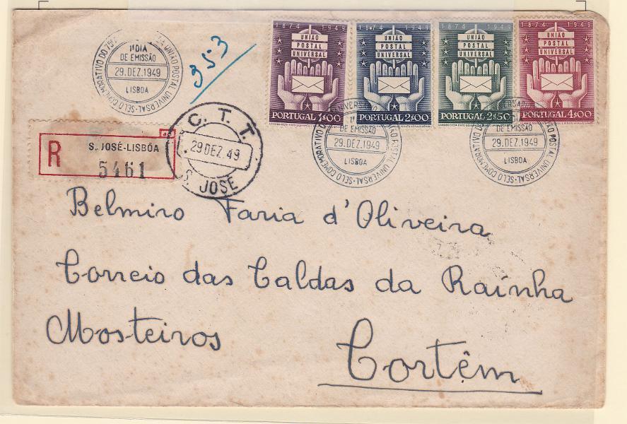2270.jpg -     Lote:    2270      Lotes pelo Correio      Portugal       Descrição:         1949 &mdash; 75.º Aniversário da UPU. CE 715/718. Série completa em sobrescrito de 1.º dia de circulação registado de Lisboa (29.12.49).        FDC       Valor Base:     &euro; 8,00     Valor Venda:     &euro; 11,00       