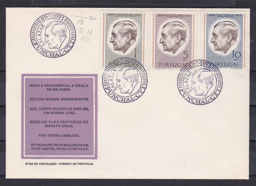 2284.jpg -     Lote:    2284      Lotes pelo Correio      Portugal       Descrição:         1971 - Presidente Salazar &mdash;CE 1106, 1$00 em denteado 12 em sobrescrito do 1.º dia de circulação. B e R.        FDC       Valor Base:     &euro; 10,00     Valor Venda:     Retirado     