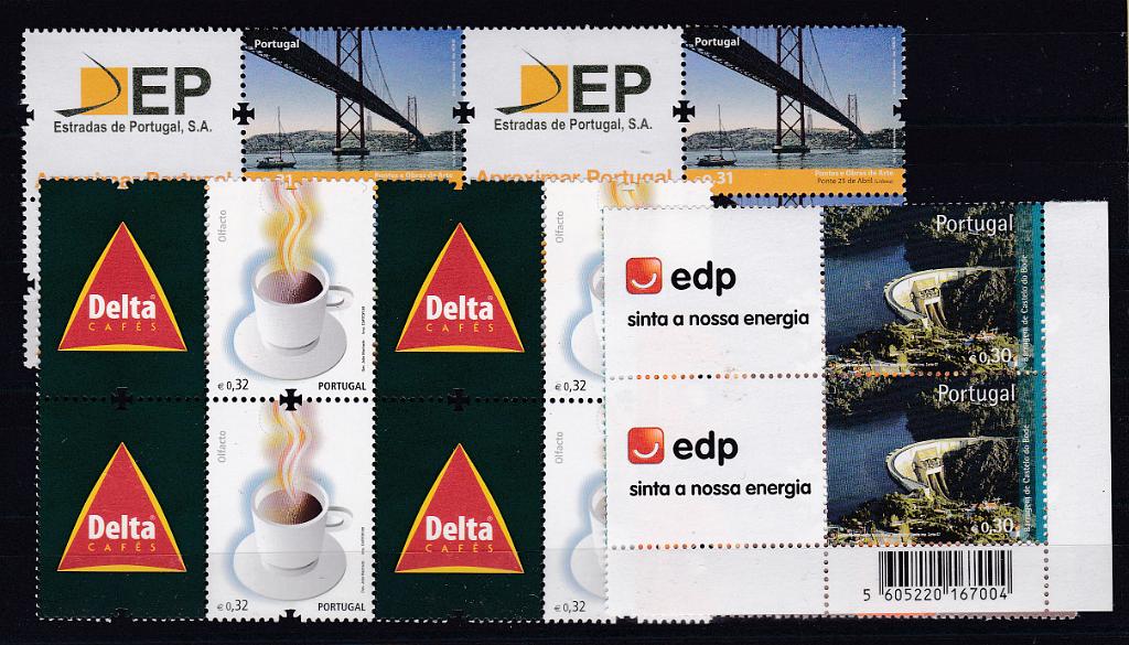 2288.jpg -     Lote:    2288      Lotes pelo Correio      Portugal       Descrição:         2007/09 &mdash; Selos Corporativos. EDP + Estradas de Portugal + Delta Café. CE3535a (par), CE3782a (quadra) e CE3890a (quadra). Valor de catálogo &euro; 150,00.        ***       Valor Base:     &euro; 20,00     Valor Venda:     Retirado     