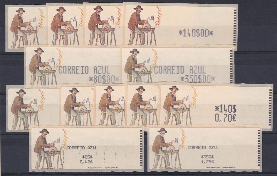 2308.jpg -     Lote:    2308      Lotes pelo Correio      Portugal       Descrição:         1999 &mdash; O amolador. CE ETQ 18 + 18A. As duas séries completas com os valores de 1999. Valor de catálogo &euro; 135,00.        ETQ       Valor Base:     &euro; 15,00     Valor Venda:     &euro; 19,00       