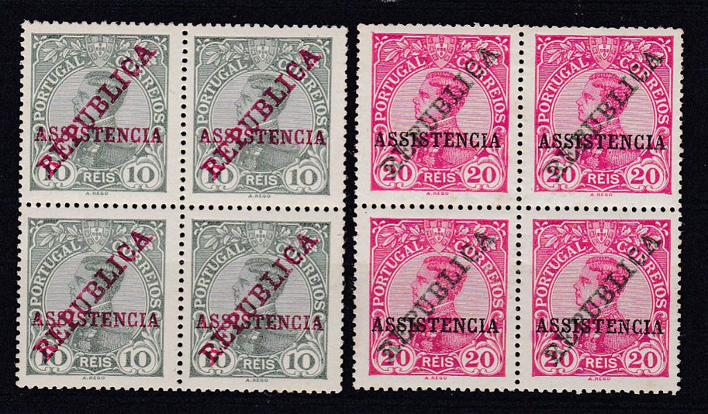 2372.jpg -     Lote:    2372      Lotes pelo Correio      Portugal       Descrição:         1911 &mdash; Imposto Postal. D. Manuel II, com sobrecarga REPUBLICA e ASSISTENCIA. CE IP&frac12;. Série em quadras. Quadra de 20 resi com pontos de óxido no verso. Valor de catálogo &euro; 200,00.        ***       Valor Base:     &euro; 20,00     Valor Venda:     Retirado     