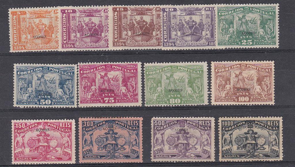 2388.jpg -     Lote:    2388      Lotes pelo Correio      Açores       Descrição:         1894 &mdash; 5.º Centenário do Nascimento do Infante D. Henrique. Selos do Continente com sobrecarga AÇORES. CE 60/72. Série completa (selo de 500 reis sem goma). Valor de catálogo &euro; 600,00.        **/*       Valor Base:     &euro; 60,00     Valor Venda:     Retirado     