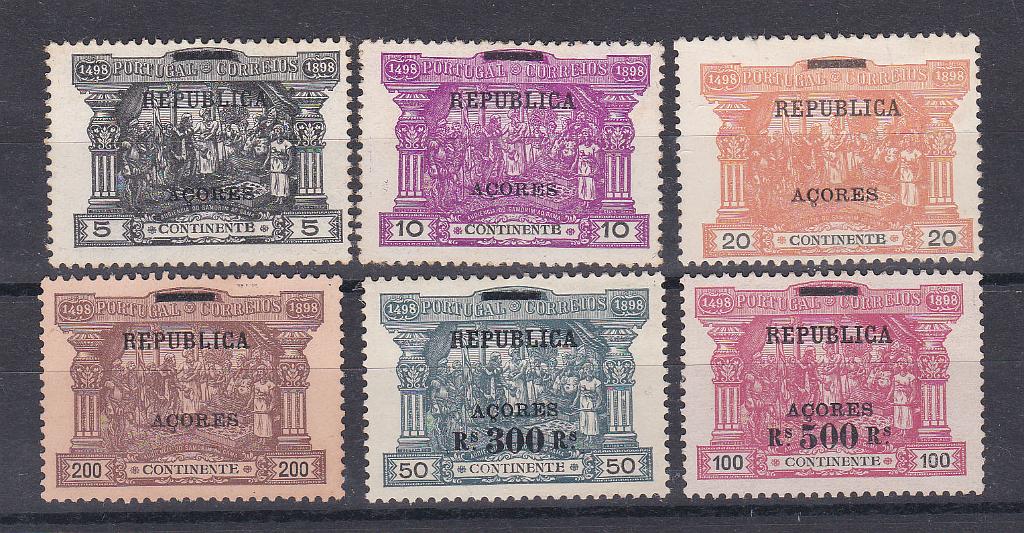 2391.jpg -     Lote:    2391      Lotes pelo Correio      Açores       Descrição:         1911/12 &mdash; 4.º Centenário do descobrimento do Caminho Marítimo para a Índia. Selos do Porteado com sobrecarga REPUBLICA. CE 143/148. Série completa. Valor de catálogo &euro; 99,00.        **/(*)       Valor Base:     &euro; 10,00     Valor Venda:     Retirado     