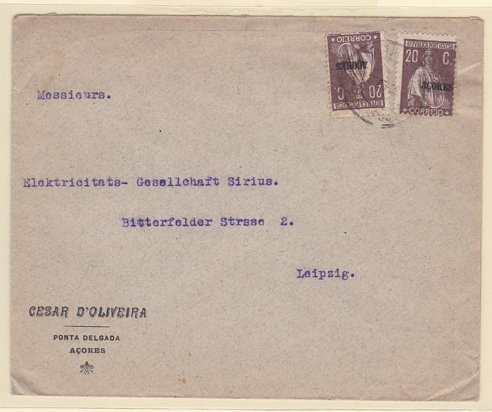 2392.jpg -     Lote:    2392      Lotes pelo Correio      Açores       Descrição:         192&frac12;4 &mdash; Ceres. Selos do Continente com sobrecarga AÇORES. CE180, 20C. Dois selos em sobrescrito circulado de Ponta Delgada para a Alemanha.        Carta       Valor Base:     &euro; 8,00     Valor Venda:     Retirado     
