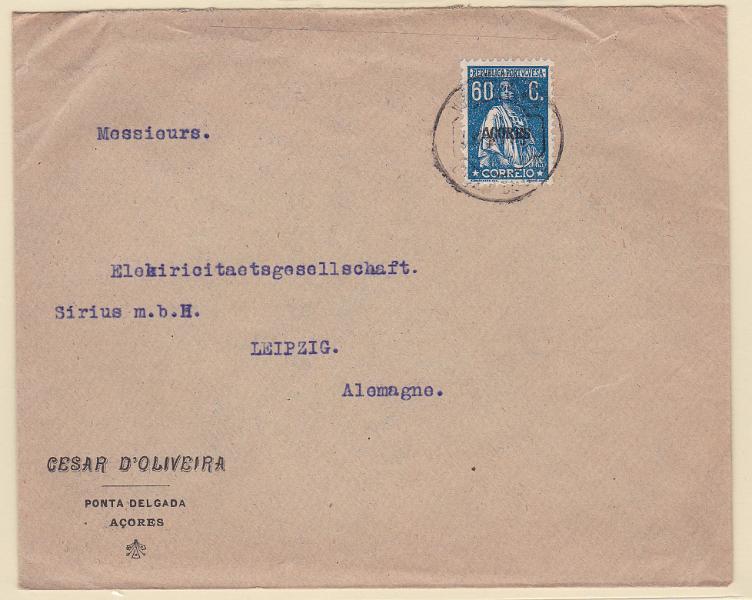 2393.jpg -     Lote:    2393      Lotes pelo Correio      Açores       Descrição:         192&frac12;4 &mdash; Ceres. Selos do Continente com sobrecarga AÇORES. CE185, 60C, denteado 12x11 &frac12; em sobrescrito circulado de Ponta Delgada para a Alemanha.        Carta       Valor Base:     &euro; 10,00     Valor Venda:     Retirado     