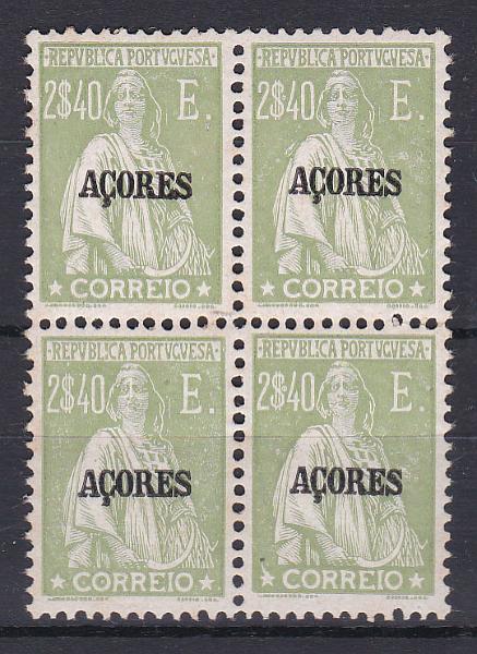 2394.jpg -     Lote:    2394      Lotes pelo Correio      Açores       Descrição:         1924/28 &mdash; Ceres. Selos do Continente com sobrecarga AÇORES. CE214, 2$40. Quadra, com pontos de óxido no verso. Valor de catálogo &euro; 548,00. Lote a ver.        ***       Valor Base:     &euro; 70,00     Valor Venda:     Retirado     
