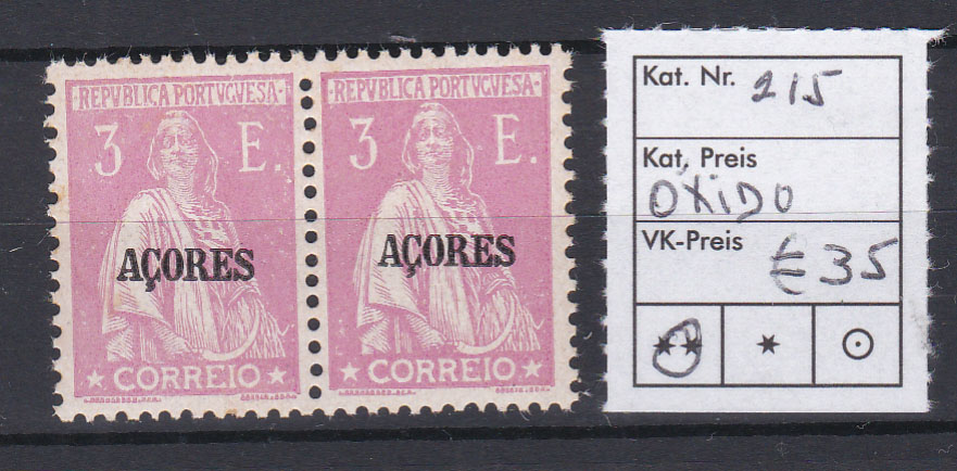2396.jpg -     Lote:    2396      Lotes pelo Correio      Açores       Descrição:         1924/26 &mdash; Ceres. Selos do Continente, com sobrecarga AÇORES. CE215, 3E. Par horizontal, com sinais de óxido. Valor de catálogo &euro; 326,00. Lote a ver.        ***       Valor Base:     &euro; 35,00     Valor Venda:     Retirado     