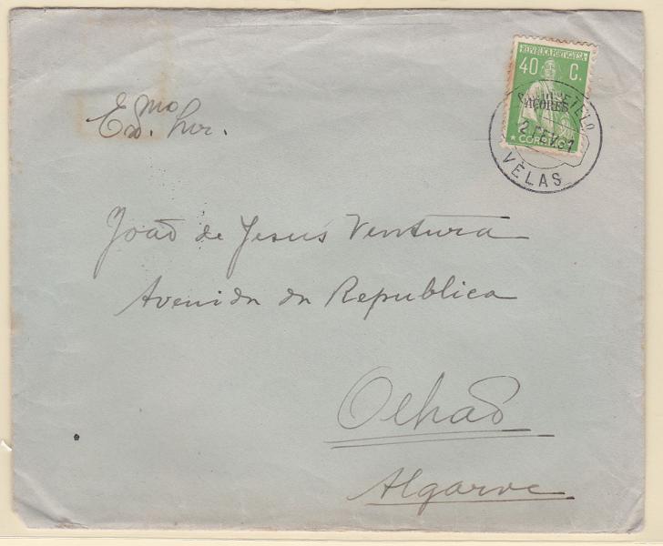 2398.jpg -     Lote:    2398      Lotes pelo Correio      Açores       Descrição:         1930/31 &mdash; Ceres. Gravura retocada. Selos dos Continente, com sobrecarga AÇORES. CE302, 40C em sobrescrito circulado de Velas (02.02.31) para Olhão.        Carta       Valor Base:     &euro; 12,00     Valor Venda:     Retirado     