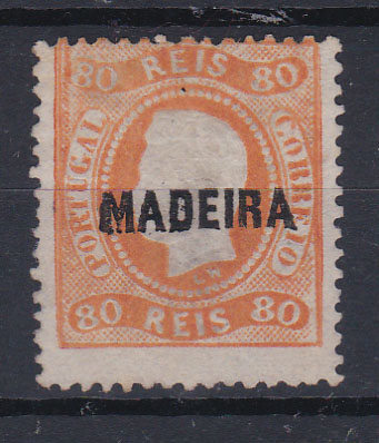 2405.jpg -     Lote:    2405      Lotes pelo Correio      Madeira       Descrição:         1868/70 &mdash; D. Luís I. Fita curva, denteados. CE10, 80 reis laranja. Selo com goma não original. Valor de catálogo &euro; 310,00.        (*)       Valor Base:     &euro; 30,00     Valor Venda:     Retirado     