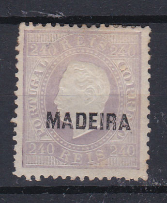 2407.jpg -     Lote:    2407      Lotes pelo Correio      Madeira       Descrição:         1868/70 &mdash; D. Luís I. Fita direita Sobrecarga C. CE24, 240 reis violeta claro. Selo com goma não original e defeitos no denteado. Manchas. Valor de catálogo &euro; 1.300,00.        (*)       Valor Base:     &euro; 125,00     Valor Venda:     Retirado     