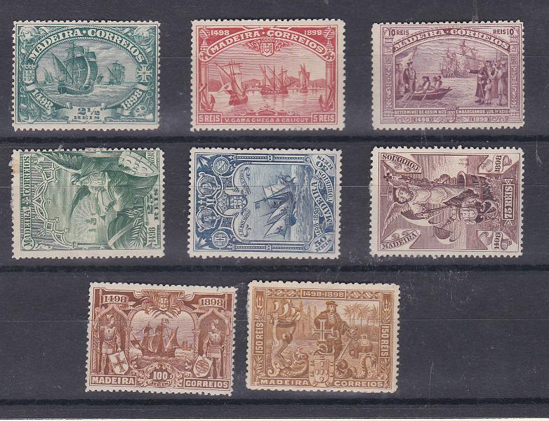 2413.jpg -     Lote:    2413      Lotes pelo Correio      Madeira       Descrição:         1898 &mdash; 4.º Centenário do Descobrimento do Caminho Marítimo para a Índia. CE 33/40. Série completa com charneira pesada. Valor de catálogo &euro; 101,00.        **       Valor Base:     &euro; 10,00     Valor Venda:     Retirado     