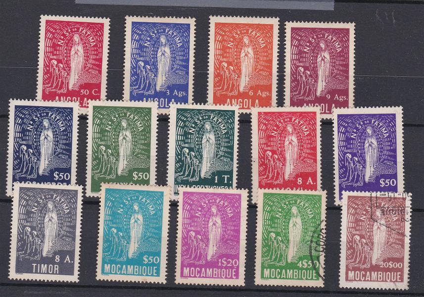2419.jpg -     Lote:    2419      Lotes pelo Correio      Ultramar       Descrição:         Ultramar. Emissões conjuntas. 1948 &mdash; Nossa Senhora de Fátima. Séries com os 14 valores. Selos em todos os estados. Lote a ver.        ***/(*)/O       Valor Base:     &euro; 30,00     Valor Venda:     Retirado     