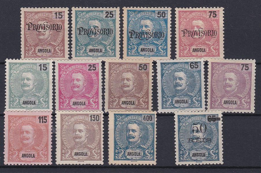 2424.jpg -     Lote:    2424      Lotes pelo Correio      Angola       Descrição:         1902/05 &mdash; D. Carlos I, com sobrecarga PROVISORIO + D. Carlos I + D. Carlos I, com sobretaxa. CE75/78 + CE79/86 + CE87. As três séries completas. Valor de catálogo &euro; 116,30.        **       Valor Base:     &euro; 22,00     Valor Venda:     &euro; 35,00       